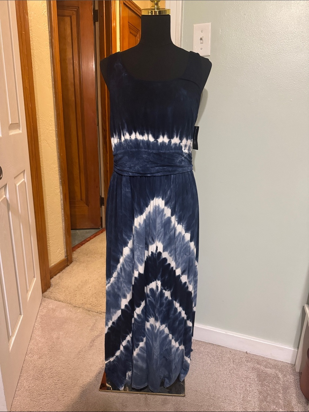 INC International Concepts Navy and White Tie-Dye Maxi Dress
